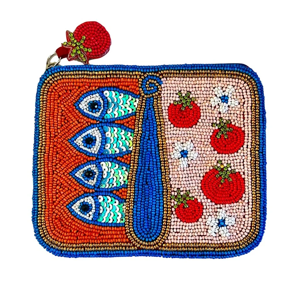 Sardine Coin Purse, Sardines in Tin Can, Beaded Bag, Tomato Fish Lily Posh - Picture 1 of 4